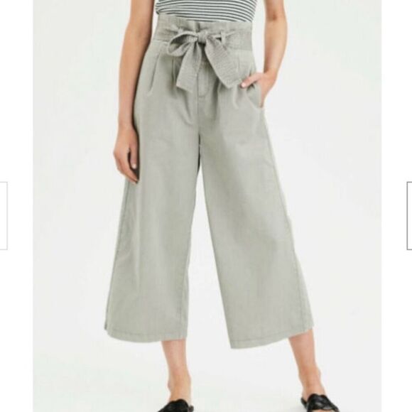 (6 Long) American Eagle Sage Green High Rise Cropped Ankle Wide Leg Belted Pants - Picture 3 of 6
